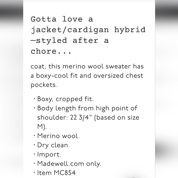 Madewell chore merino wool sweater jacket size xxs NWT - Picture 7 of 10